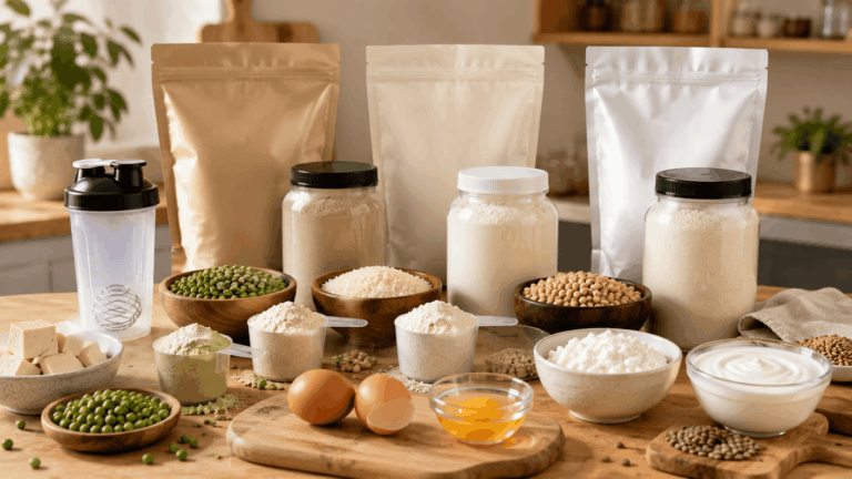 plusieurs alternatives à la whey disposées sur une table en bois clair