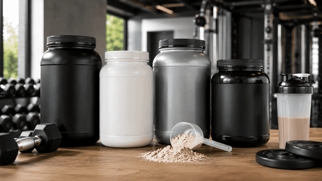 plusieurs pots de whey protéine neutres, sans marque ni logo