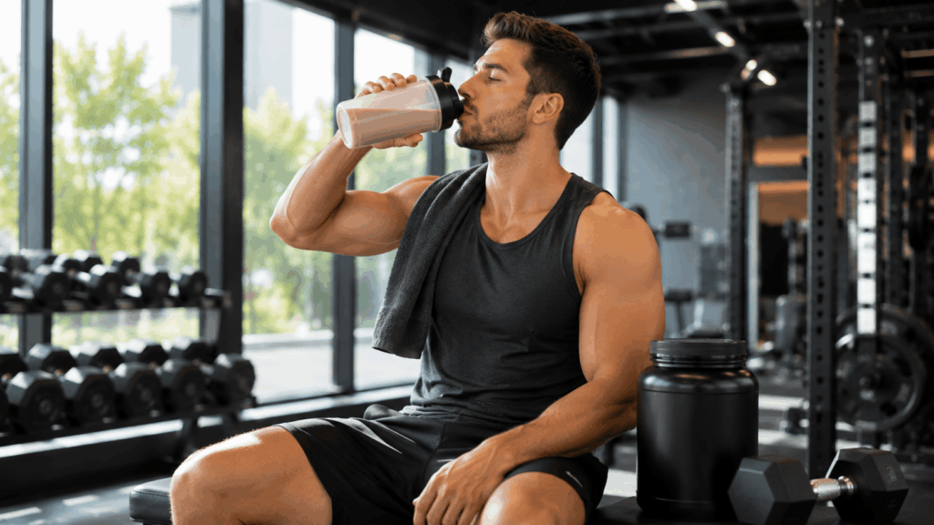 un sportif buvant un shaker protéiné après une séance de musculation dans une salle de sport lumineuse