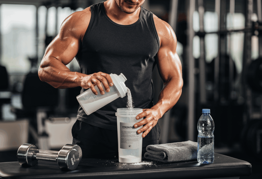 un sportif ou d'une sportive préparant un shaker de créatine après une séance de musculation