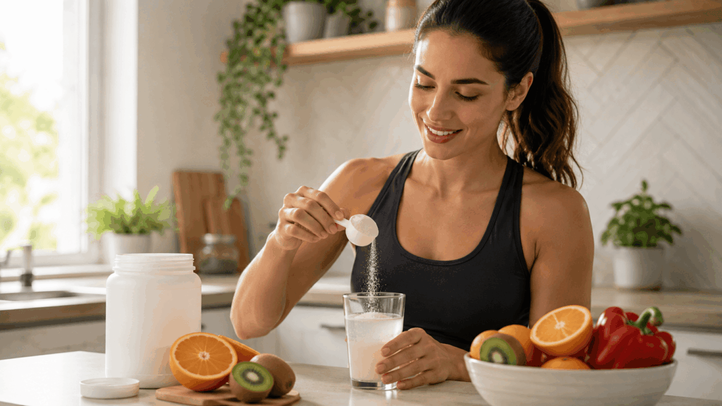 Une personne intégrant collagène et vitamine C à sa routine